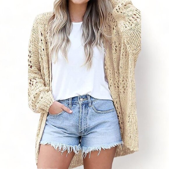 Cream Casual Hollowed Knit Dolman Sleeve Cardigan - Picture 11 of 11